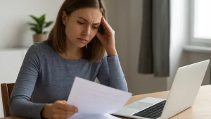 kobieta przeglądająca dokumenty kredytowe z zaniepokojoną miną