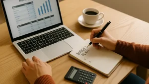 Planowanie domowego budżetu z pomocą laptopa i notatnika