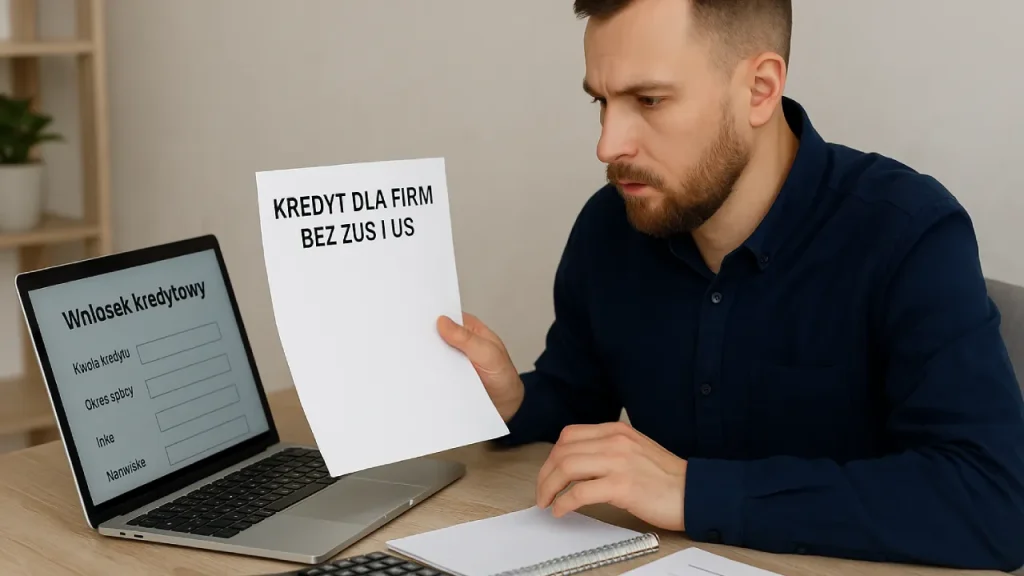 Przedsiębiorca analizuje ofertę kredytu firmowego na ekranie laptopa, trzymając w ręku dokument bez pieczęci ZUS.