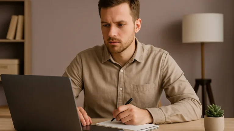 Nowy przedsiębiorca przy laptopie analizujący oferty leasingu na start