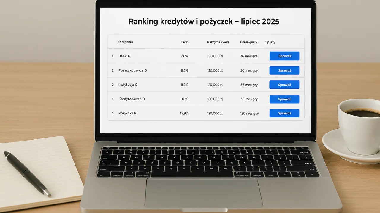 Laptop z widokiem rankingu kredytów i pożyczek na lipiec 2025, notes i kawa na biurku