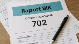 Raport BIK leżący na stole obok długopisu i dokumentów kredytowych