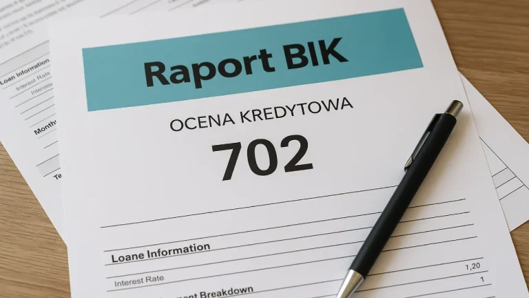 Raport BIK leżący na stole obok długopisu i dokumentów kredytowych