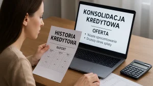 Osoba siedząca przy stole, przeglądająca raport BIK i oferty kredytów konsolidacyjnych z laptopa.