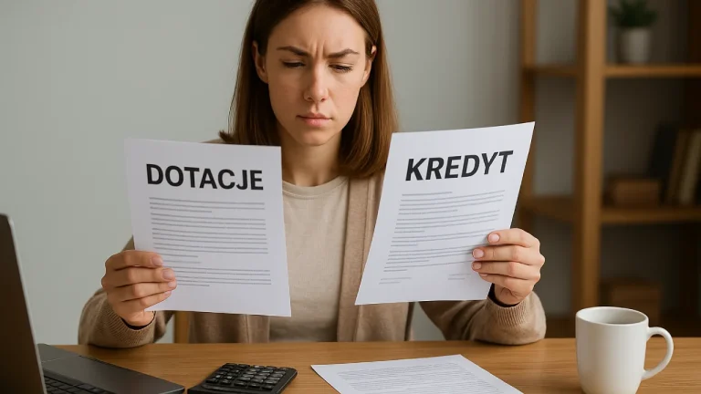 Kobieta przeglądająca dokumenty z dotacjami i kredytem na stole