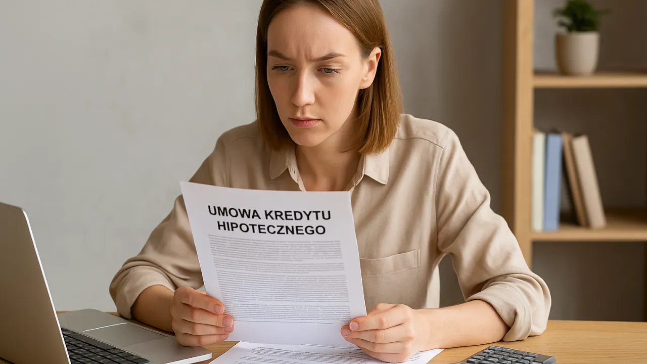Kobieta analizująca umowę kredytową przy biurku z laptopem i dokumentami