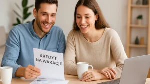 Para planująca wakacje przy laptopie z dokumentami kredytowymi na stole
