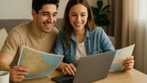 Uśmiechnięta para planująca wakacje przy laptopie z kubkiem kawy