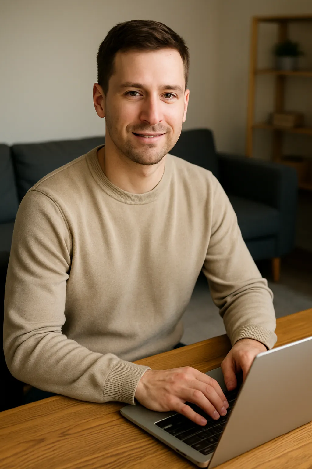 Michał Zyskowski w domu przy laptopie