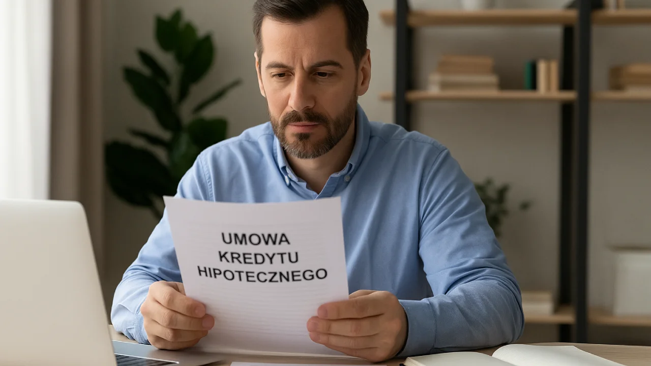Mężczyzna analizujący warunki kredytu hipotecznego przy laptopie